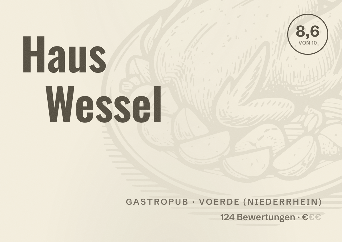 Illustriertes Poster von Haus Wessel, Gastropub in Voerde (Niederrhein): Bewertung 8,6 von 10 aus 124 Bewertungen, Preisniveau €