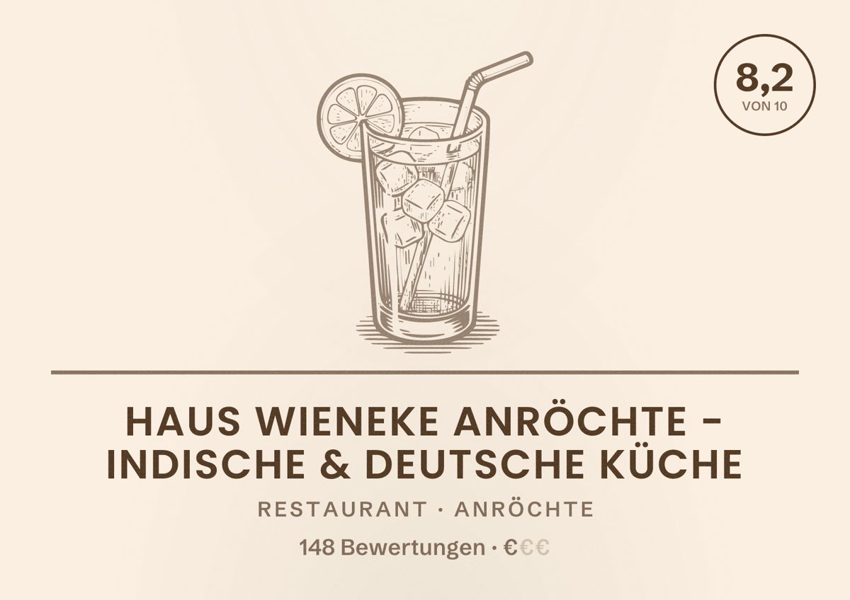 Illustriertes Poster von Haus Wieneke Anröchte - Indische & Deutsche Küche, Restaurant in Anröchte: Bewertung 8,2 von 10 aus 148 Bewertungen, Preisniveau €