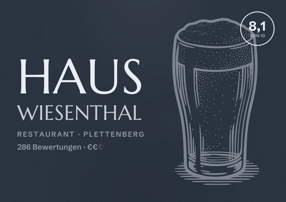 Illustriertes Poster von Haus Wiesenthal, Restaurant in Plettenberg: Bewertung 8,1 von 10 aus 286 Bewertungen, Preisniveau €€