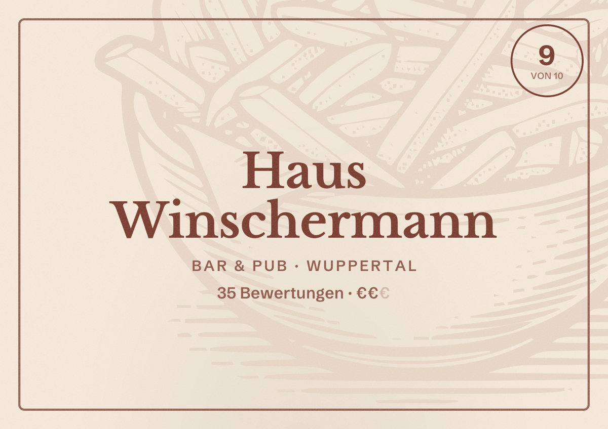 Illustriertes Poster von Haus Winschermann, Bar & Pub in Wuppertal: Bewertung 9 von 10 aus 35 Bewertungen, Preisniveau €€