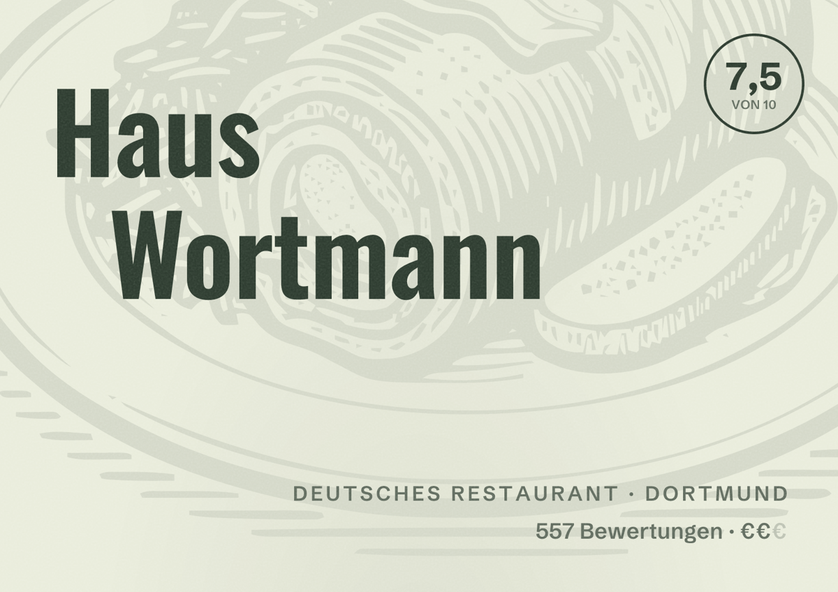 Illustriertes Poster von Haus Wortmann, Deutsches Restaurant in Dortmund: Bewertung 7,5 von 10 aus 557 Bewertungen, Preisniveau €€