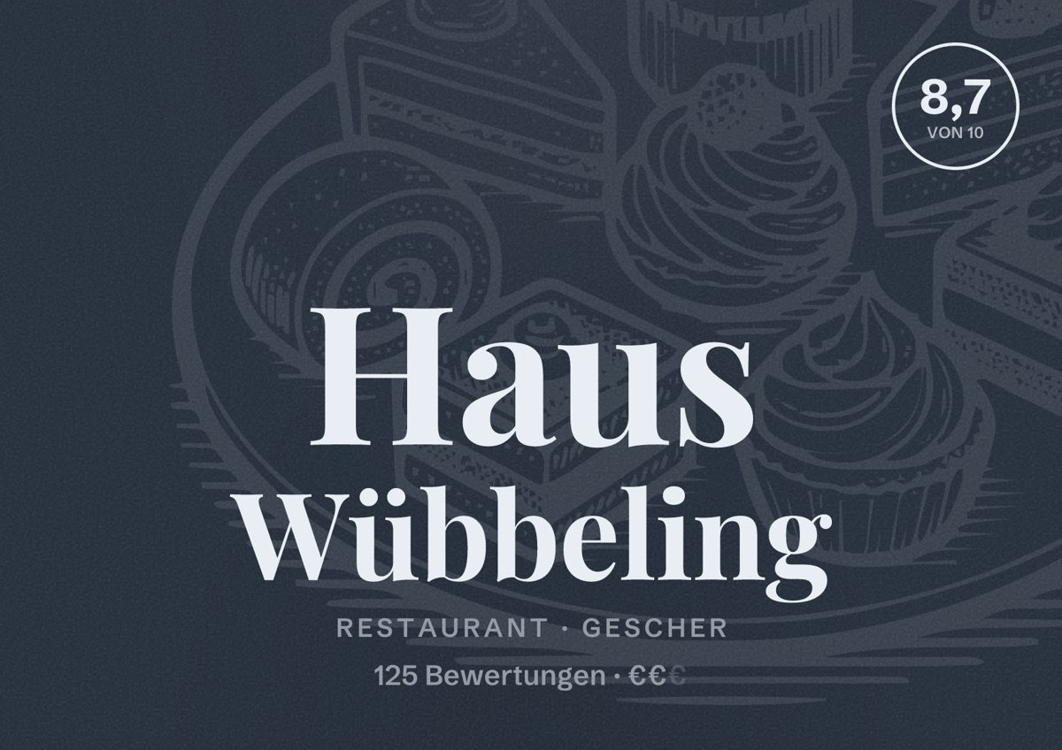 Illustriertes Poster von Haus Wübbeling, Restaurant in Gescher: Bewertung 8,7 von 10 aus 125 Bewertungen, Preisniveau €€