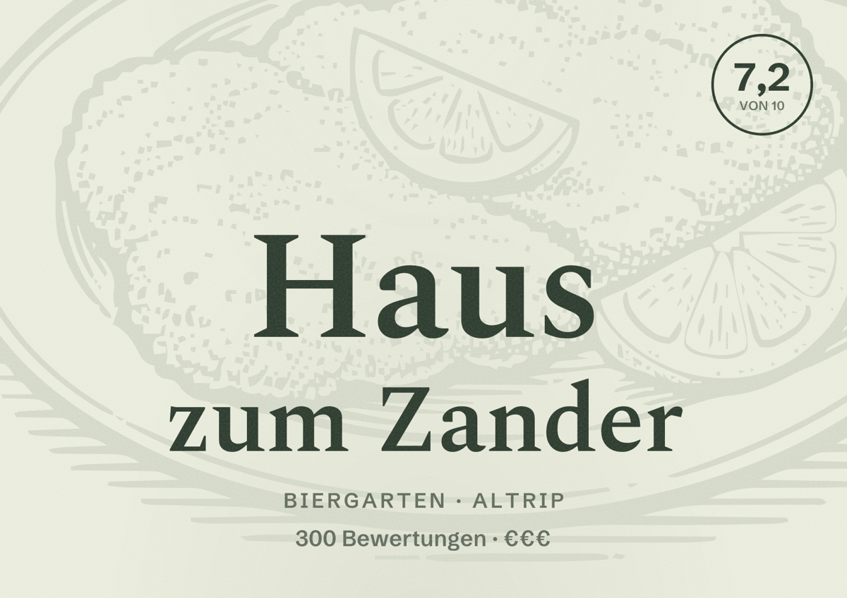 Illustriertes Poster von Haus zum Zander, Biergarten in Altrip: Bewertung 7,2 von 10 aus 300 Bewertungen, Preisniveau €€€