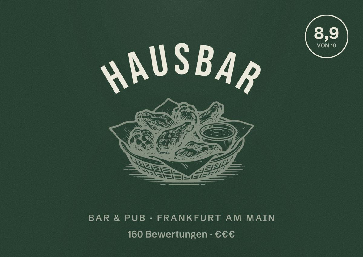 Illustriertes Poster von Hausbar, Bar & Pub in Frankfurt am Main: Bewertung 8,9 von 10 aus 160 Bewertungen, Preisniveau €€€