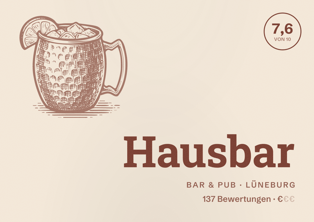 Illustriertes Poster von Hausbar, Bar & Pub in Lüneburg: Bewertung 7,6 von 10 aus 137 Bewertungen, Preisniveau €