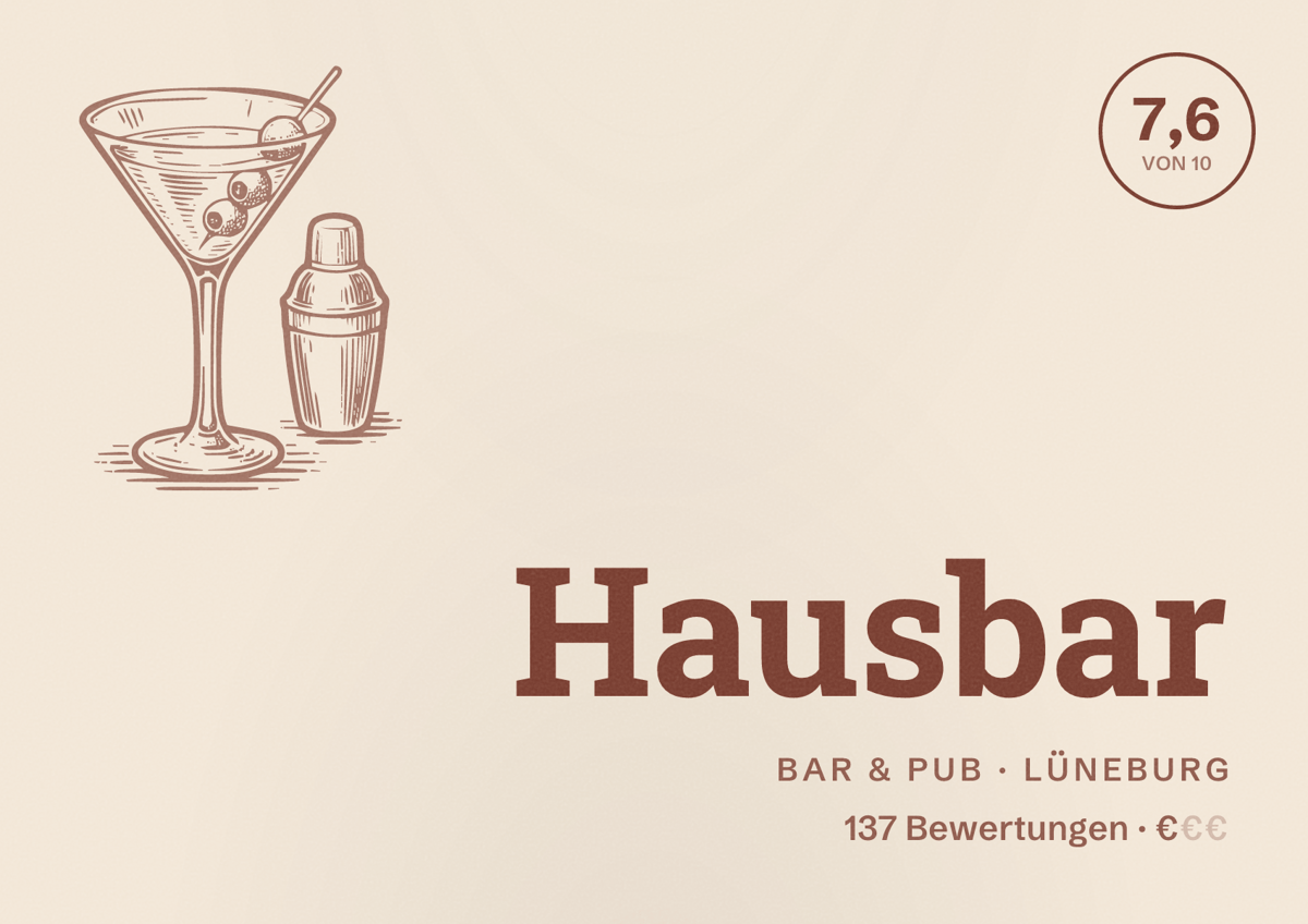Illustriertes Poster von Hausbar, Bar & Pub in Lüneburg: Bewertung 7,6 von 10 aus 137 Bewertungen, Preisniveau €