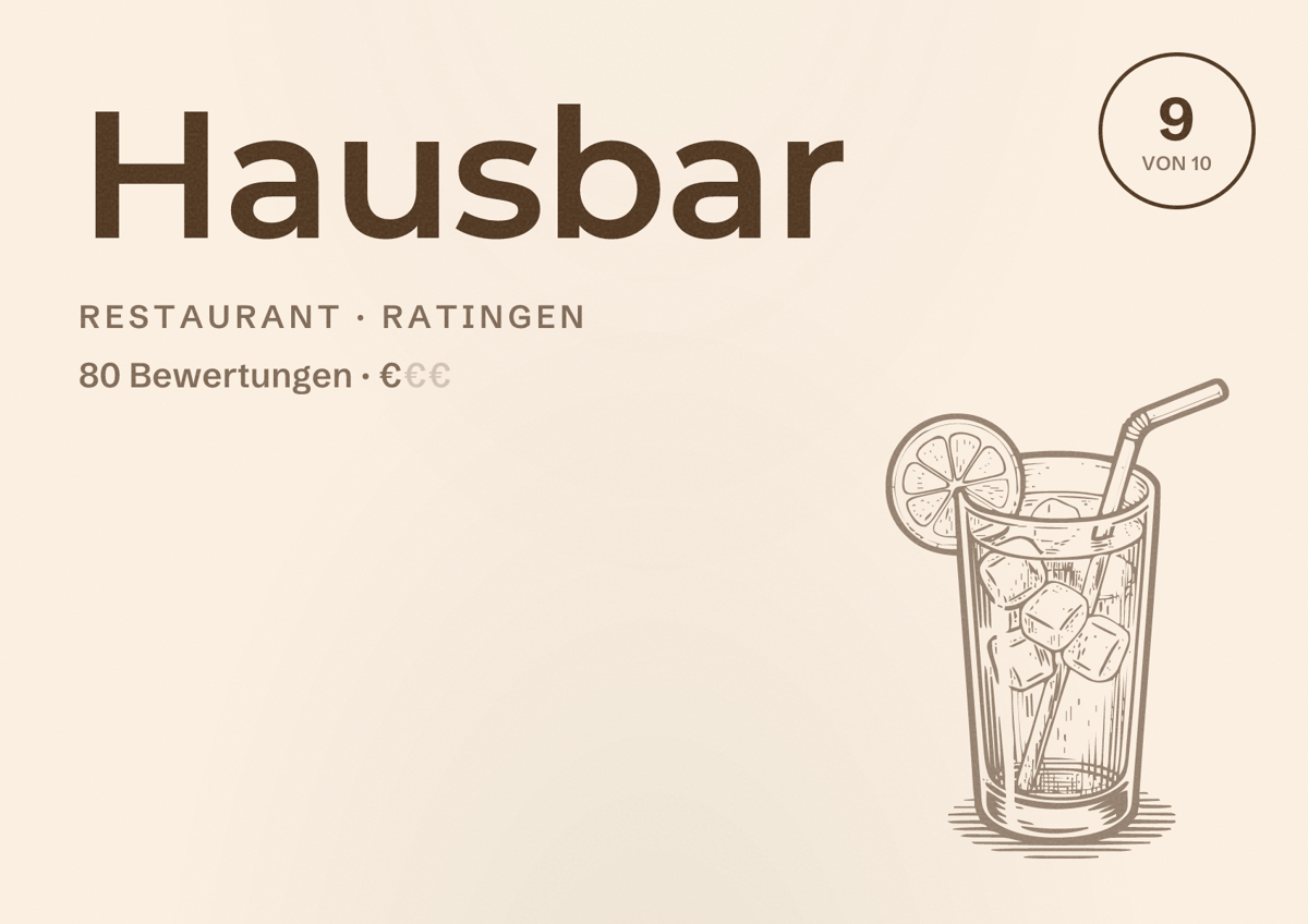 Illustriertes Poster von Hausbar, Restaurant in Ratingen: Bewertung 9 von 10 aus 80 Bewertungen, Preisniveau €