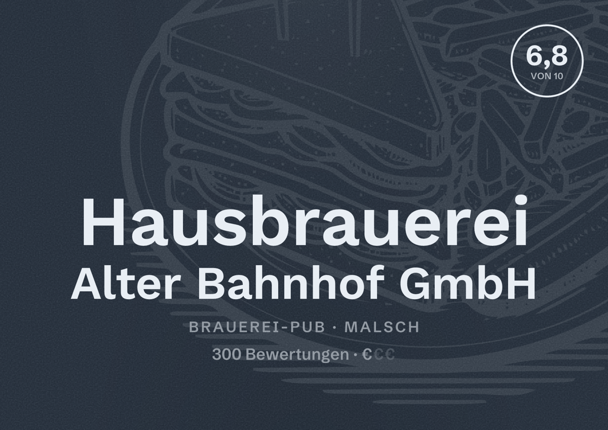 Illustriertes Poster von Hausbrauerei Alter Bahnhof GmbH, Brauerei-Pub in Malsch: Bewertung 6,8 von 10 aus 300 Bewertungen, Preisniveau €