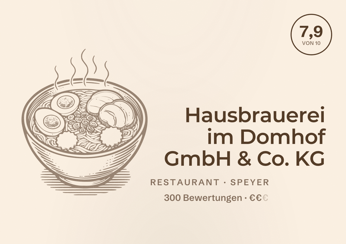 Illustriertes Poster von Hausbrauerei im Domhof GmbH & Co. KG, Restaurant in Speyer: Bewertung 7,9 von 10 aus 300 Bewertungen, Preisniveau €€