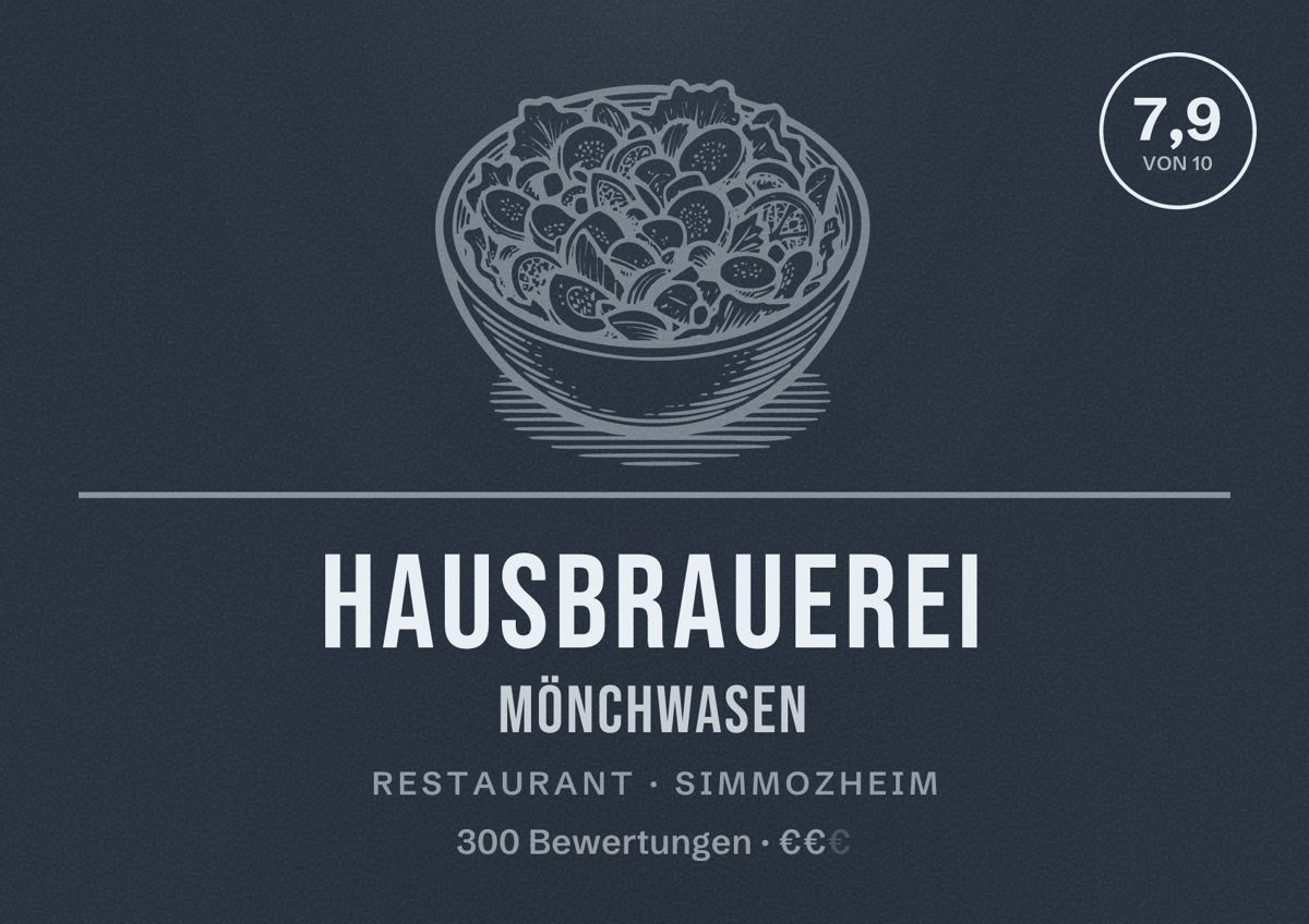 Illustriertes Poster von Hausbrauerei Mönchwasen, Restaurant in Simmozheim: Bewertung 7,9 von 10 aus 300 Bewertungen, Preisniveau €€