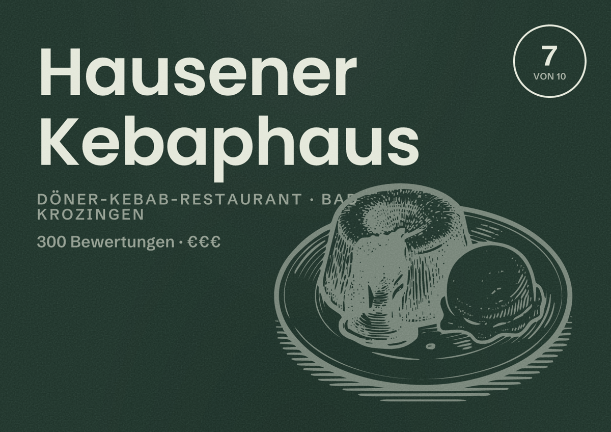 Illustriertes Poster von Hausener Kebaphaus, Döner-Kebab-Restaurant in Bad Krozingen: Bewertung 7 von 10 aus 300 Bewertungen, Preisniveau €€€