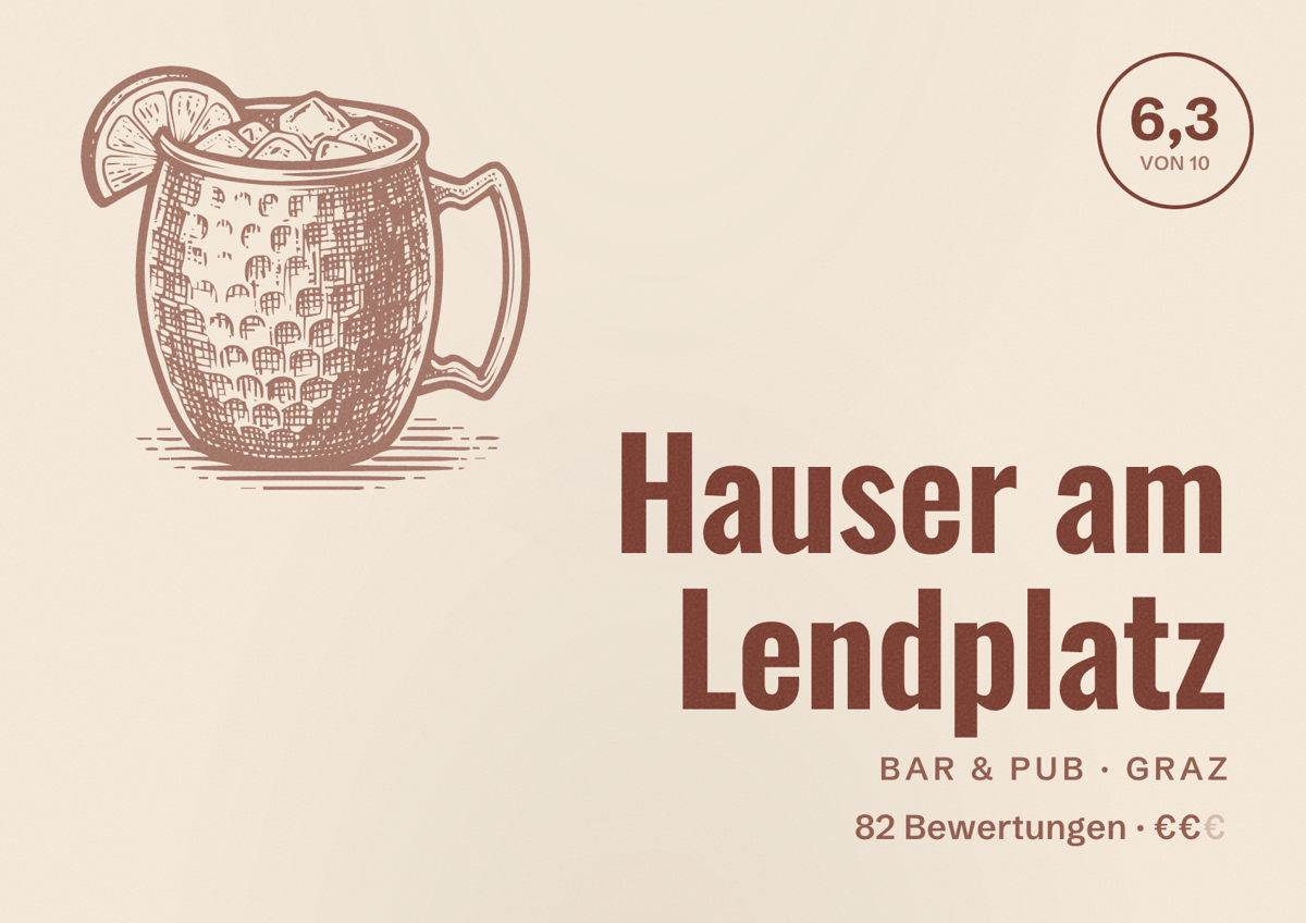 Illustriertes Poster von Hauser am Lendplatz, Bar & Pub in Graz: Bewertung 6,3 von 10 aus 82 Bewertungen, Preisniveau €€