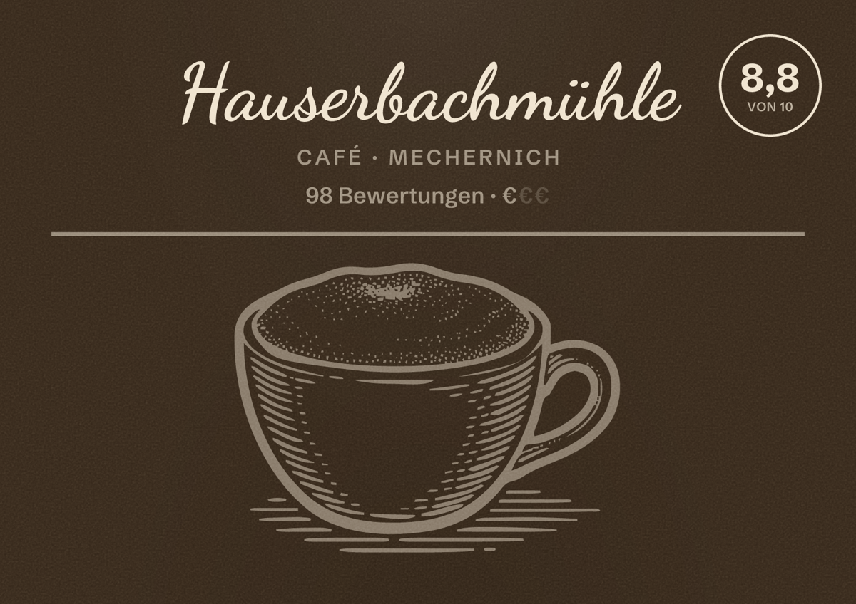 Illustriertes Poster von Hauserbachmühle, Café in Mechernich: Bewertung 8,8 von 10 aus 98 Bewertungen, Preisniveau €