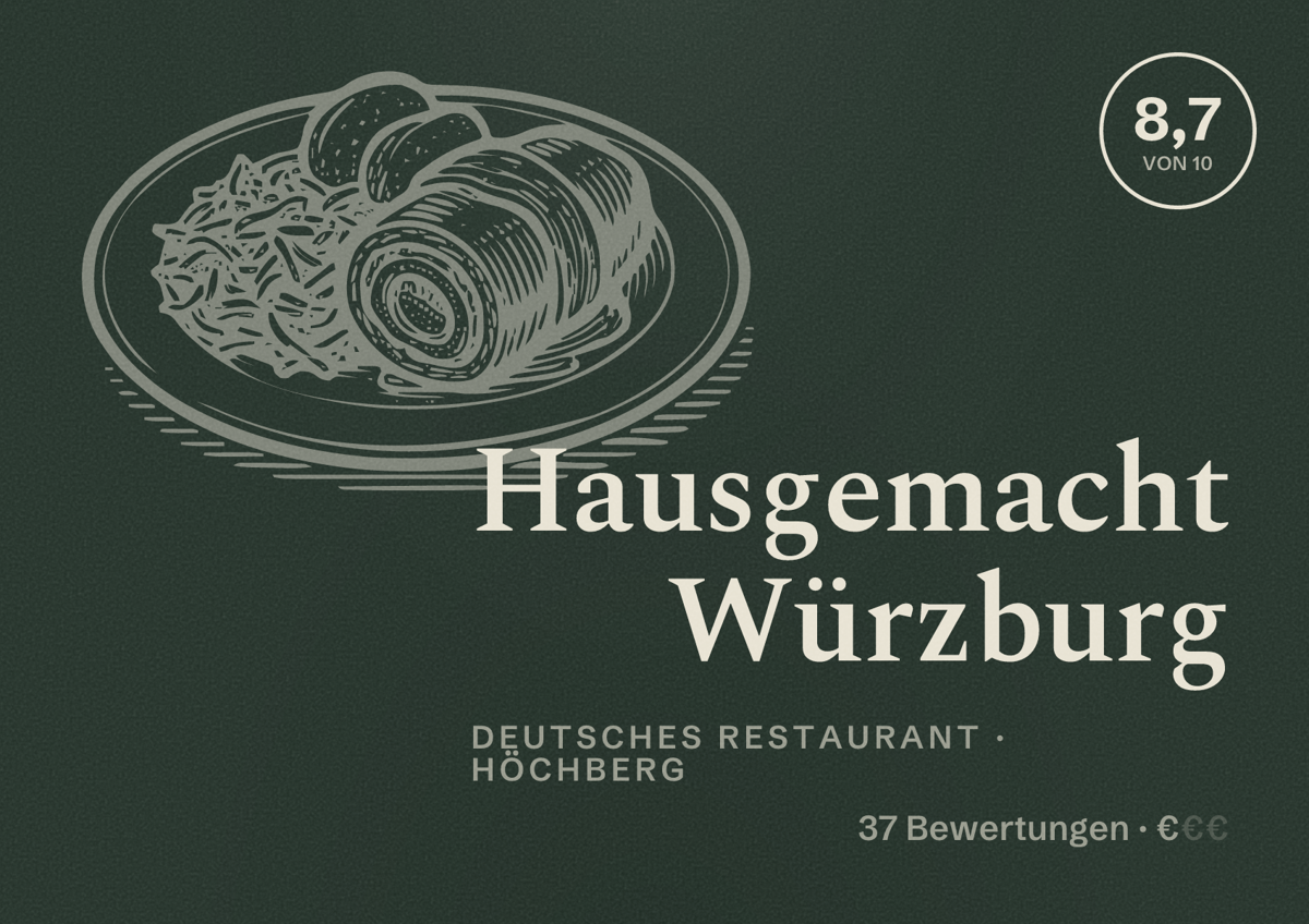 Illustriertes Poster von Hausgemacht Würzburg, Deutsches Restaurant in Höchberg: Bewertung 8,7 von 10 aus 37 Bewertungen, Preisniveau €