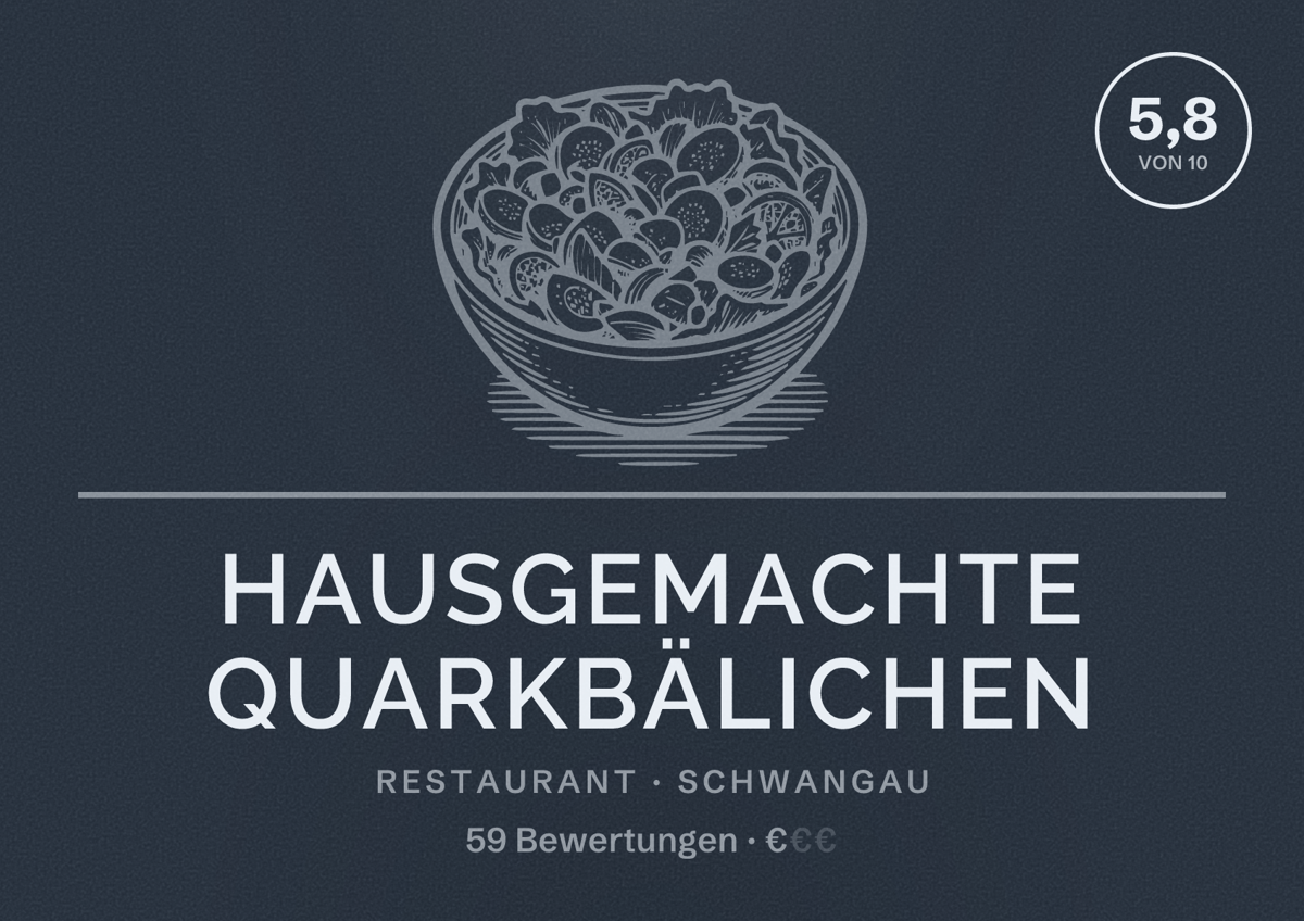 Illustriertes Poster von Hausgemachte Quarkbälichen, Restaurant in Schwangau: Bewertung 5,8 von 10 aus 59 Bewertungen, Preisniveau €