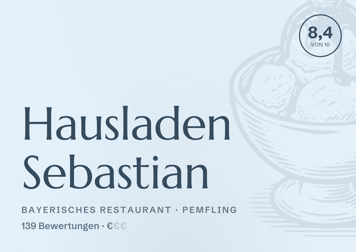 Illustriertes Poster von Hausladen Sebastian, Bayerisches Restaurant in Pemfling: Bewertung 8,4 von 10 aus 139 Bewertungen, Preisniveau €