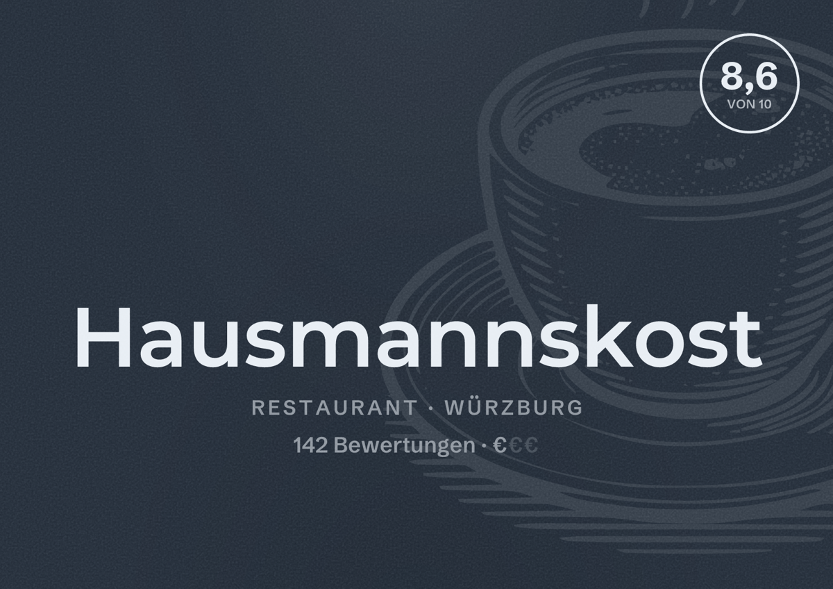 Illustriertes Poster von Hausmannskost, Restaurant in Würzburg: Bewertung 8,6 von 10 aus 142 Bewertungen, Preisniveau €