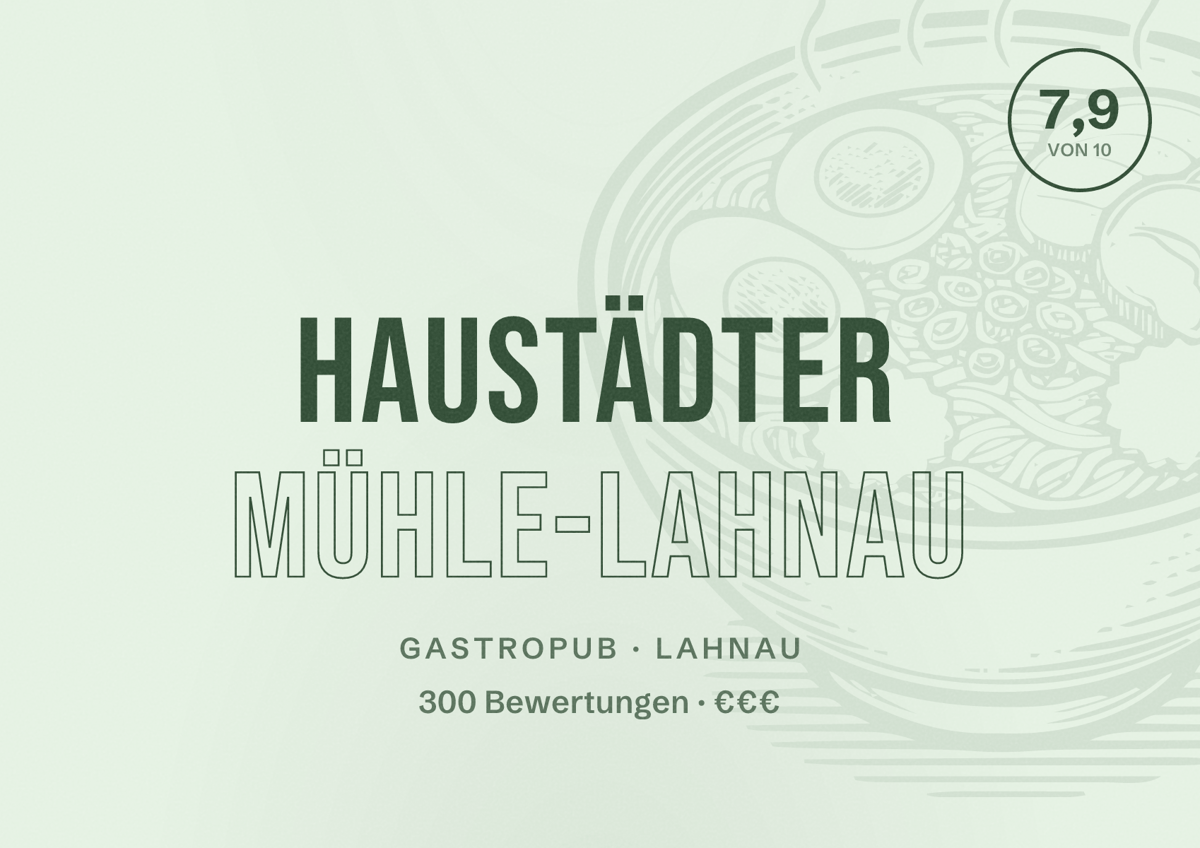 Illustriertes Poster von Haustädter Mühle-Lahnau, Gastropub in Lahnau: Bewertung 7,9 von 10 aus 300 Bewertungen, Preisniveau €€€