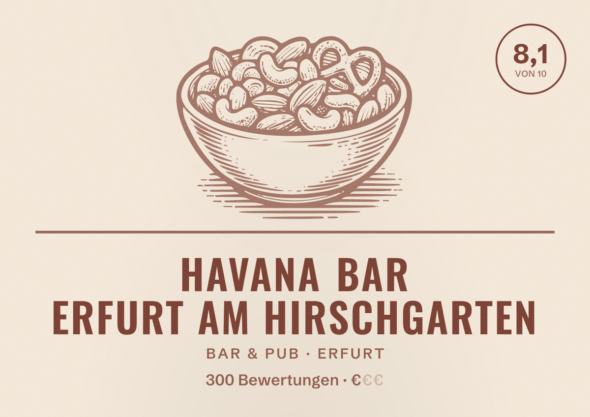 Illustriertes Poster von HAVANA BAR ERFURT am Hirschgarten, Bar & Pub in Erfurt: Bewertung 8,1 von 10 aus 300 Bewertungen, Preisniveau €
