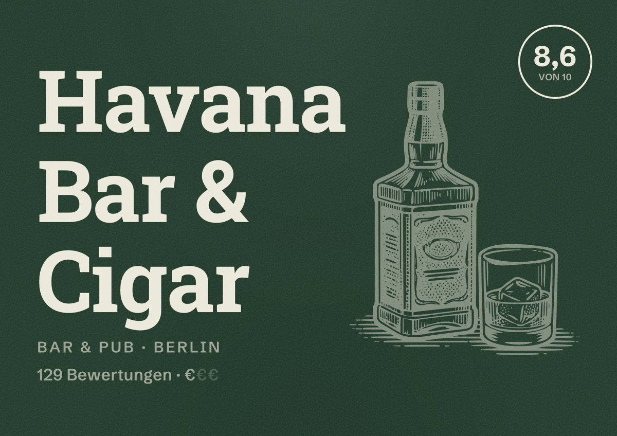 Illustriertes Poster von Havana Bar & Cigar, Bar & Pub in Berlin: Bewertung 8,6 von 10 aus 129 Bewertungen, Preisniveau €