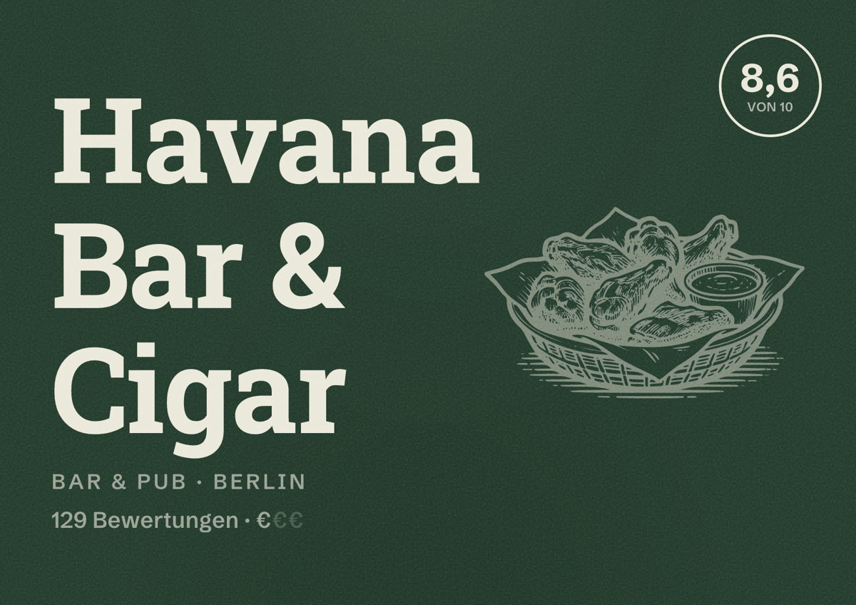 Illustriertes Poster von Havana Bar & Cigar, Bar & Pub in Berlin: Bewertung 8,6 von 10 aus 129 Bewertungen, Preisniveau €