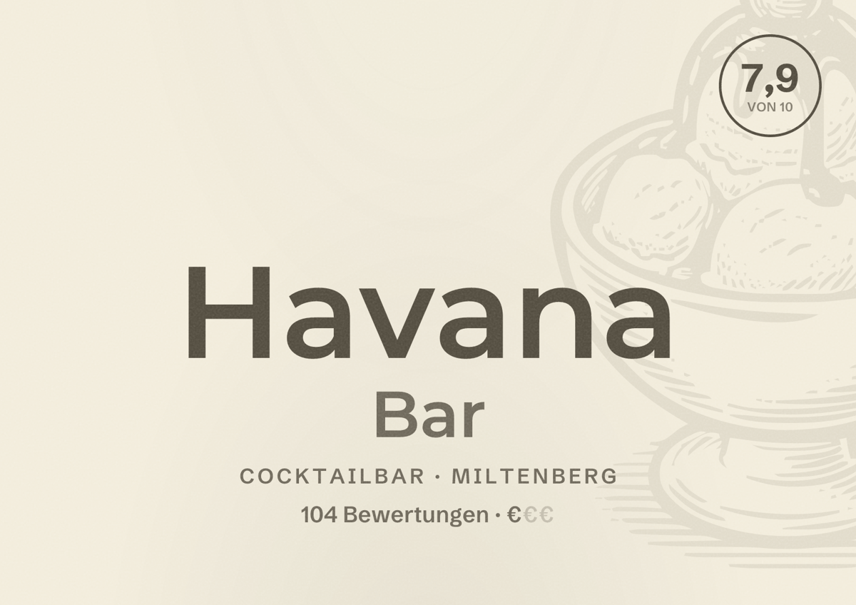 Illustriertes Poster von Havana Bar, Cocktailbar in Miltenberg: Bewertung 7,9 von 10 aus 104 Bewertungen, Preisniveau €