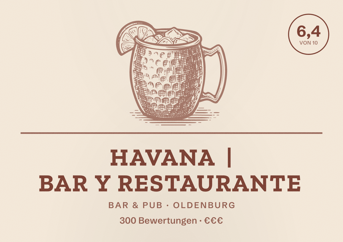 Illustriertes Poster von Havana | Bar y Restaurante, Bar & Pub in Oldenburg: Bewertung 6,4 von 10 aus 300 Bewertungen, Preisniveau €€€
