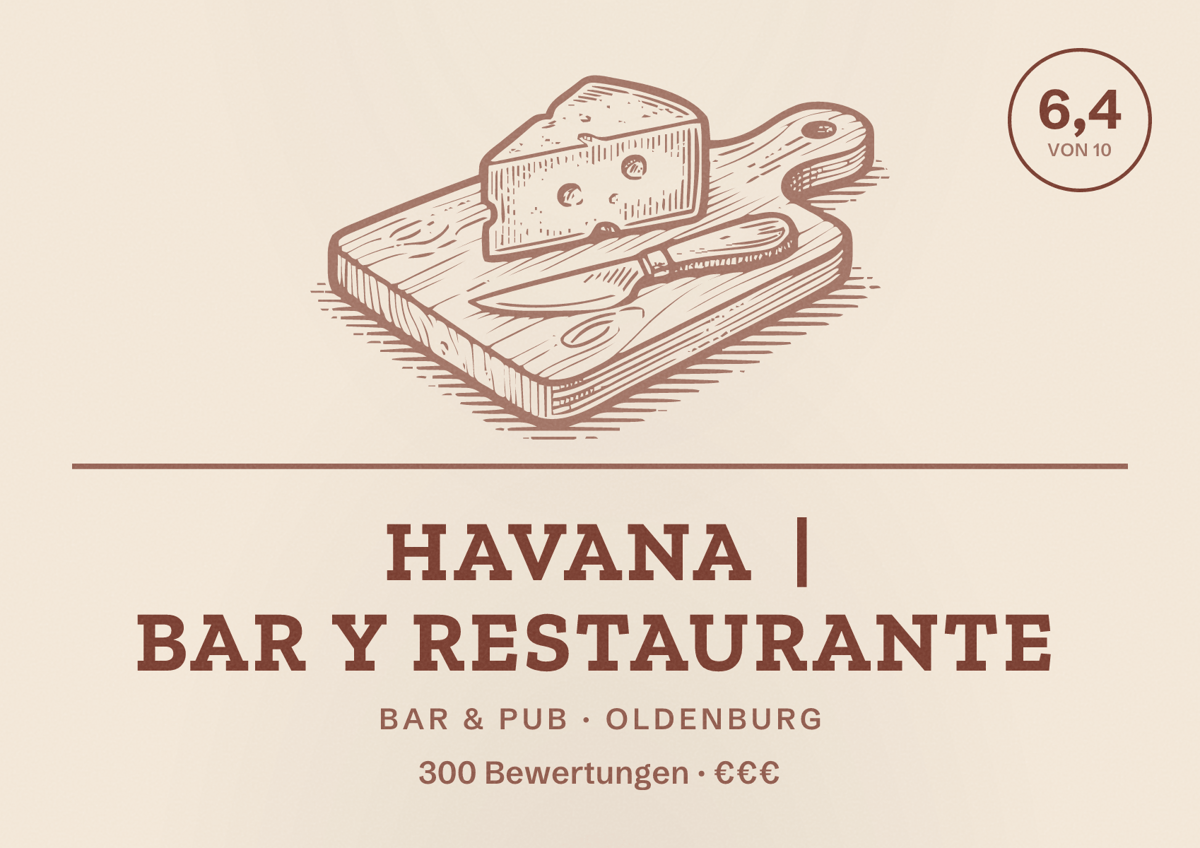 Illustriertes Poster von Havana | Bar y Restaurante, Bar & Pub in Oldenburg: Bewertung 6,4 von 10 aus 300 Bewertungen, Preisniveau €€€