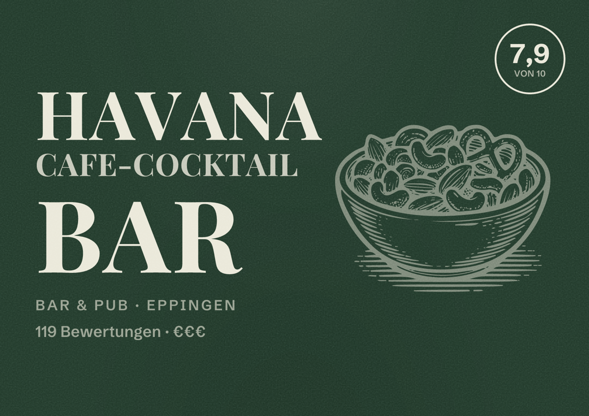 Illustriertes Poster von Havana Cafe-Cocktail Bar, Bar & Pub in Eppingen: Bewertung 7,9 von 10 aus 119 Bewertungen, Preisniveau €€€