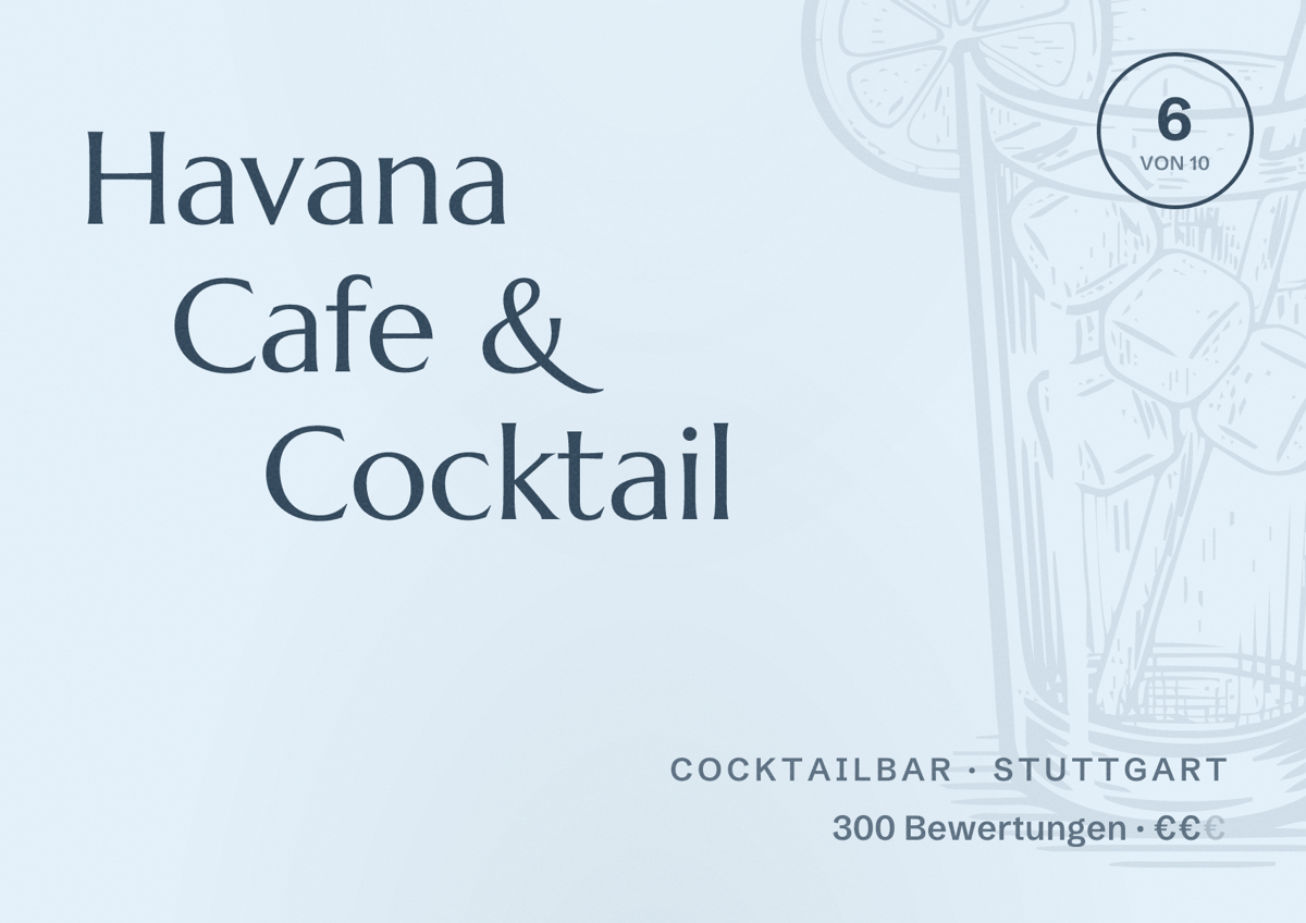 Illustriertes Poster von Havana Cafe & Cocktail, Cocktailbar in Stuttgart: Bewertung 6,0 von 10 aus 300 Bewertungen, Preisniveau €€