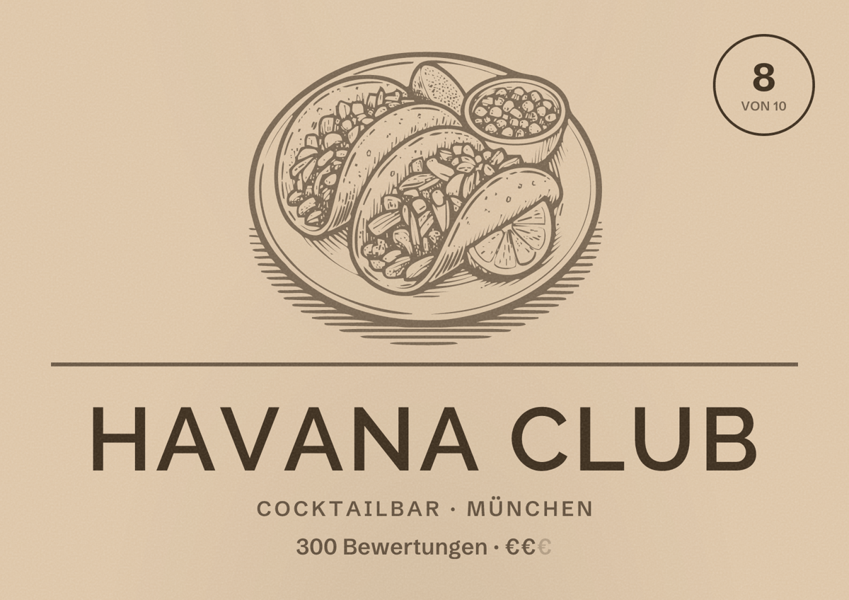 Illustriertes Poster von Havana Club, Cocktailbar in München: Bewertung 8,0 von 10 aus 300 Bewertungen, Preisniveau €€
