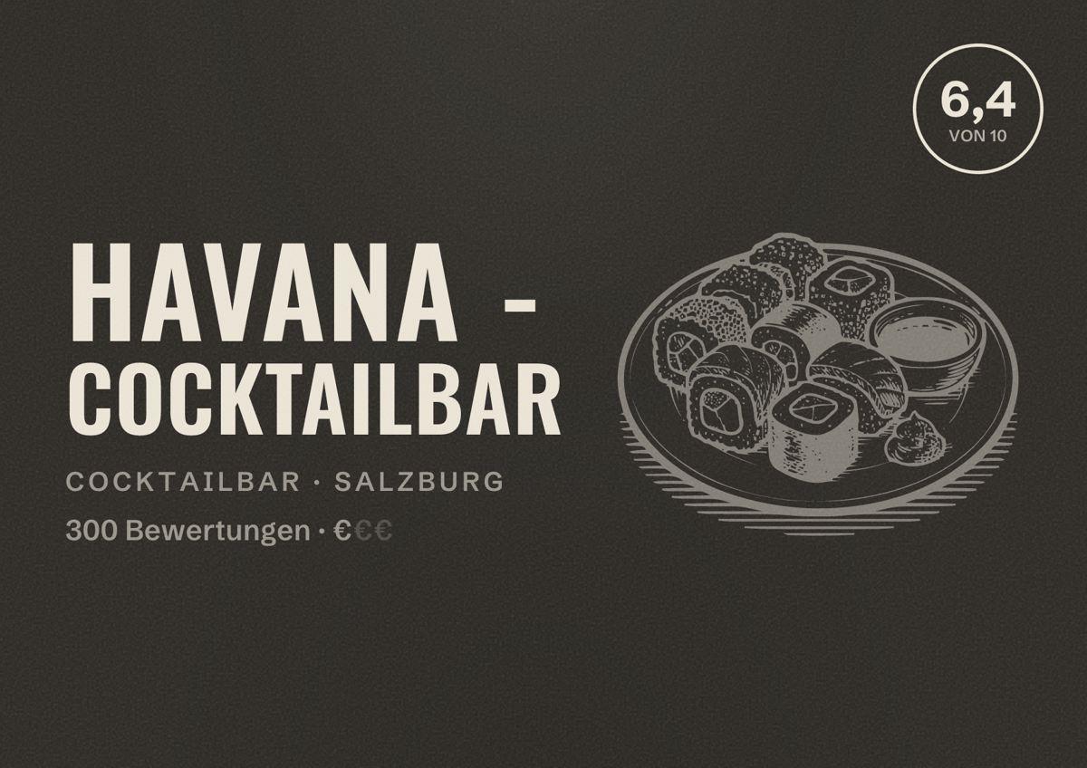 Illustriertes Poster von Havana - CocktailBar, Cocktailbar in Salzburg: Bewertung 6,4 von 10 aus 300 Bewertungen, Preisniveau €