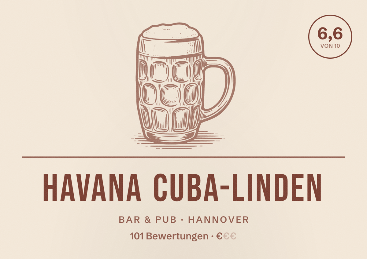 Illustriertes Poster von Havana Cuba-Linden, Bar & Pub in Hannover: Bewertung 6,6 von 10 aus 101 Bewertungen, Preisniveau €