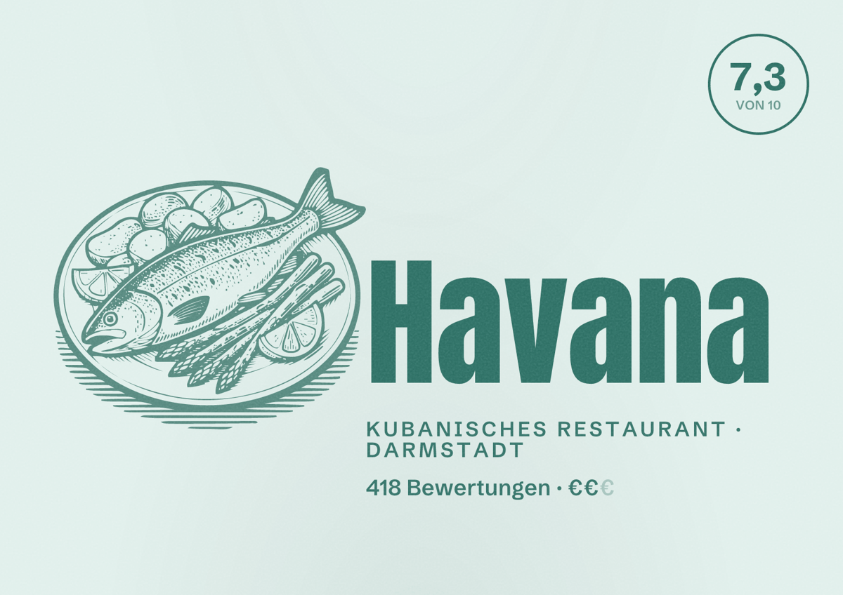 Illustriertes Poster von Havana, Kubanisches Restaurant in Darmstadt: Bewertung 7,3 von 10 aus 418 Bewertungen, Preisniveau €€