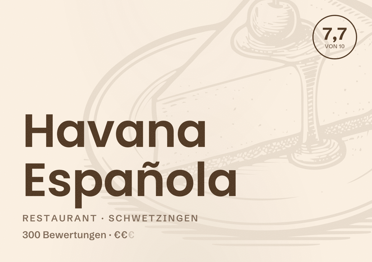 Illustriertes Poster von Havana Española, Restaurant in Schwetzingen: Bewertung 7,7 von 10 aus 300 Bewertungen, Preisniveau €€
