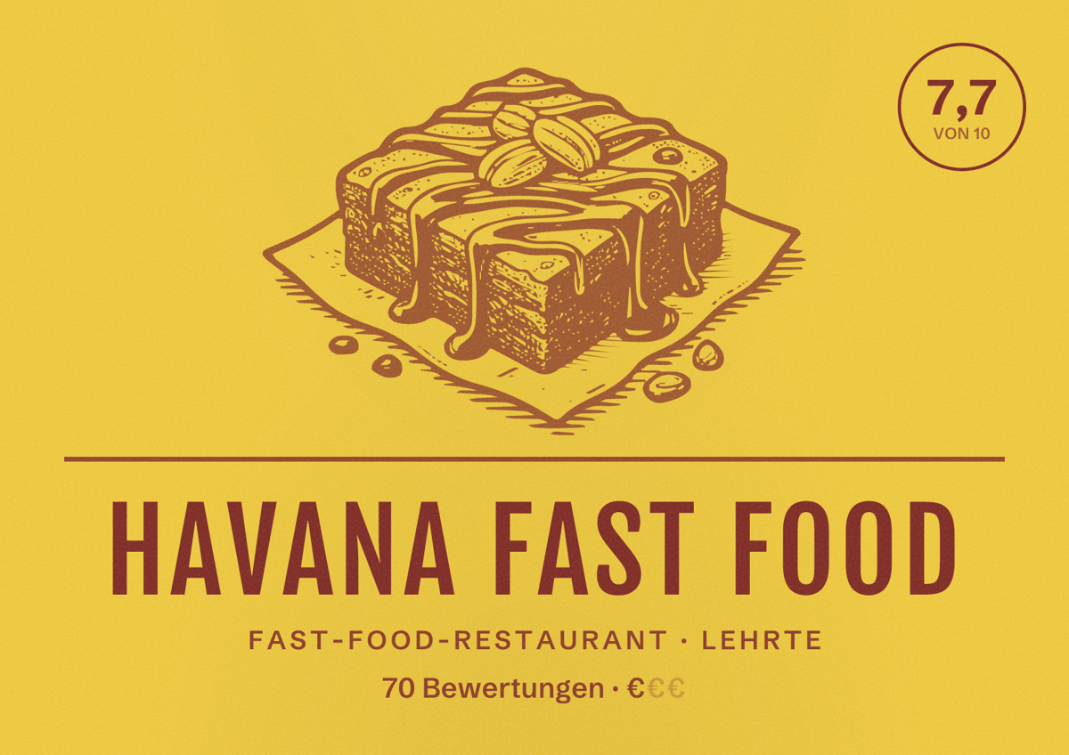 Illustriertes Poster von Havana Fast Food, Fast-Food-Restaurant in Lehrte: Bewertung 7,7 von 10 aus 70 Bewertungen, Preisniveau €
