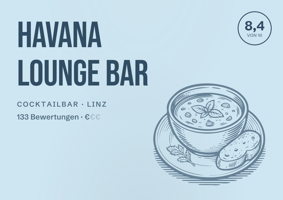 Illustriertes Poster von Havana Lounge Bar, Cocktailbar in Linz: Bewertung 8,4 von 10 aus 133 Bewertungen, Preisniveau €