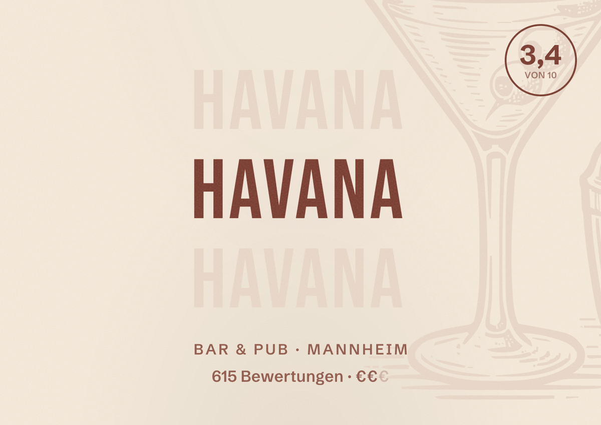 Illustriertes Poster von Havana, Bar & Pub in Mannheim: Bewertung 3,4 von 10 aus 615 Bewertungen, Preisniveau €€