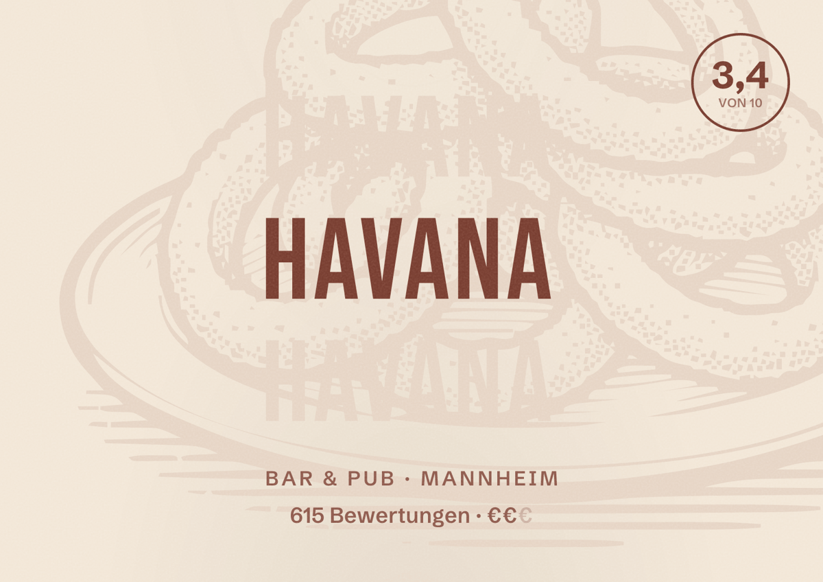 Illustriertes Poster von Havana, Bar & Pub in Mannheim: Bewertung 3,4 von 10 aus 615 Bewertungen, Preisniveau €€