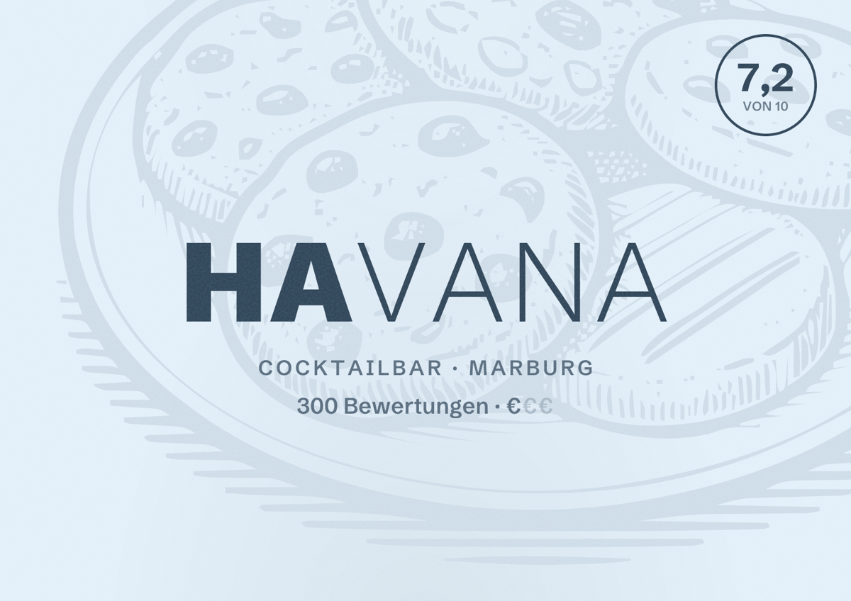 Illustriertes Poster von Havana, Cocktailbar in Marburg: Bewertung 7,2 von 10 aus 300 Bewertungen, Preisniveau €