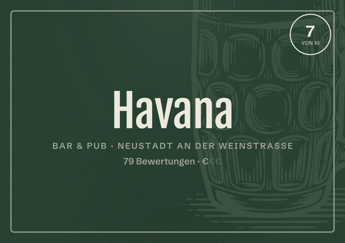 Illustriertes Poster von Havana, Bar & Pub in Neustadt an der Weinstraße: Bewertung 7 von 10 aus 79 Bewertungen, Preisniveau €