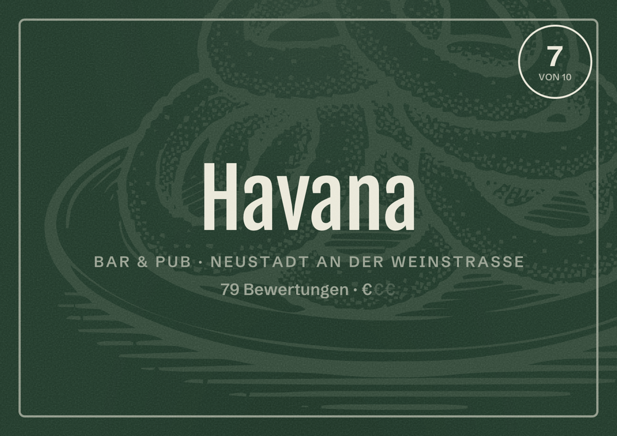 Illustriertes Poster von Havana, Bar & Pub in Neustadt an der Weinstraße: Bewertung 7 von 10 aus 79 Bewertungen, Preisniveau €