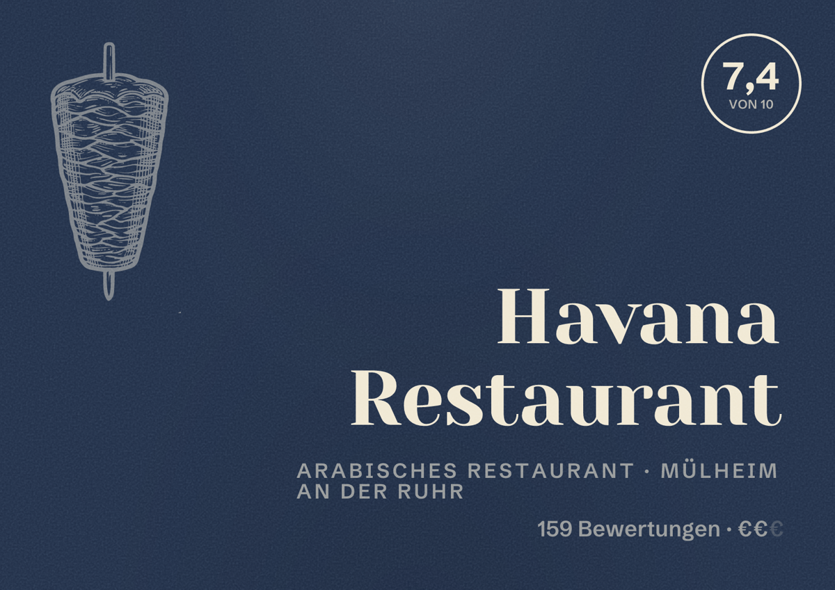 Illustriertes Poster von Havana Restaurant, Arabisches Restaurant in Mülheim an der Ruhr: Bewertung 7,4 von 10 aus 159 Bewertungen, Preisniveau €€