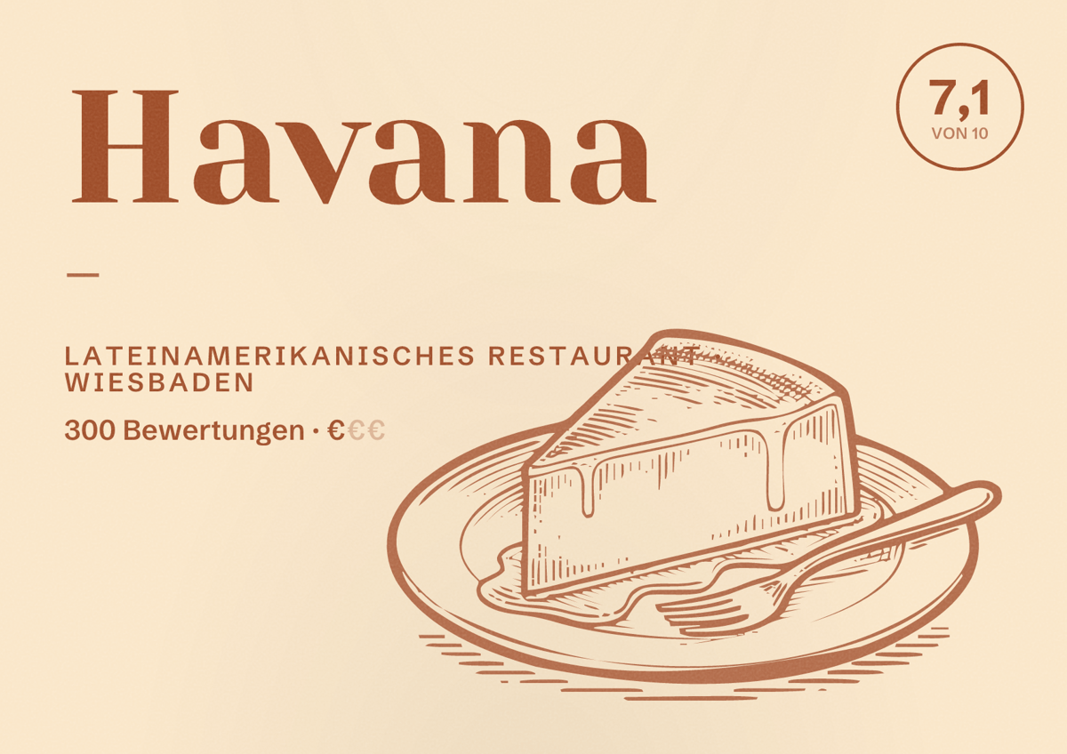 Illustriertes Poster von Havana -, Lateinamerikanisches Restaurant in Wiesbaden: Bewertung 7,1 von 10 aus 300 Bewertungen, Preisniveau €