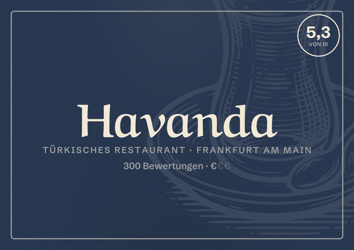 Illustriertes Poster von Havanda, Türkisches Restaurant in Frankfurt am Main: Bewertung 5,3 von 10 aus 300 Bewertungen, Preisniveau €