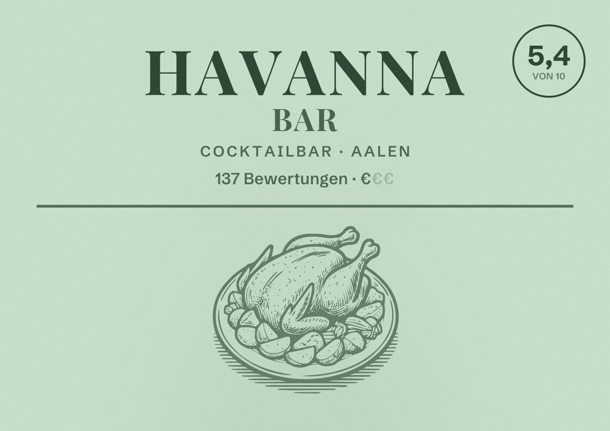 Illustriertes Poster von Havanna Bar, Cocktailbar in Aalen: Bewertung 5,4 von 10 aus 137 Bewertungen, Preisniveau €