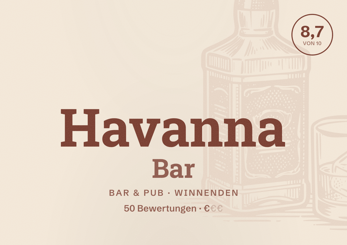 Illustriertes Poster von Havanna Bar, Bar & Pub in Winnenden: Bewertung 8,7 von 10 aus 50 Bewertungen, Preisniveau €