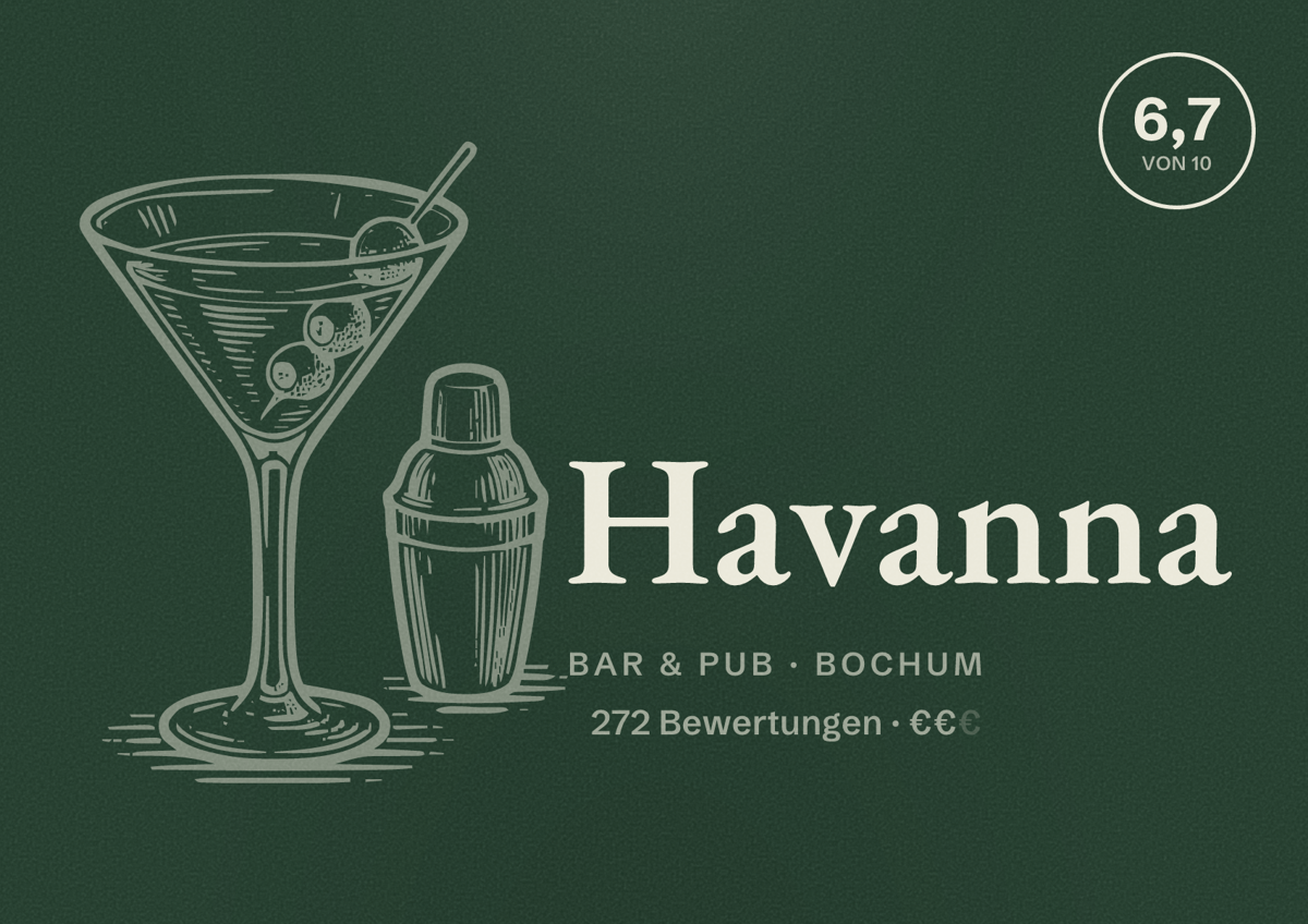 Illustriertes Poster von Havanna, Bar & Pub in Bochum: Bewertung 6,7 von 10 aus 272 Bewertungen, Preisniveau €€