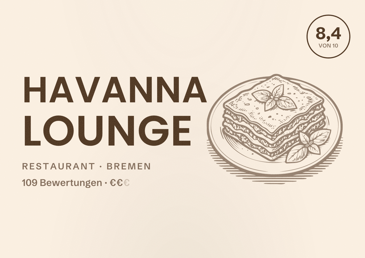 Illustriertes Poster von Havanna Lounge, Restaurant in Bremen: Bewertung 8,4 von 10 aus 109 Bewertungen, Preisniveau €€