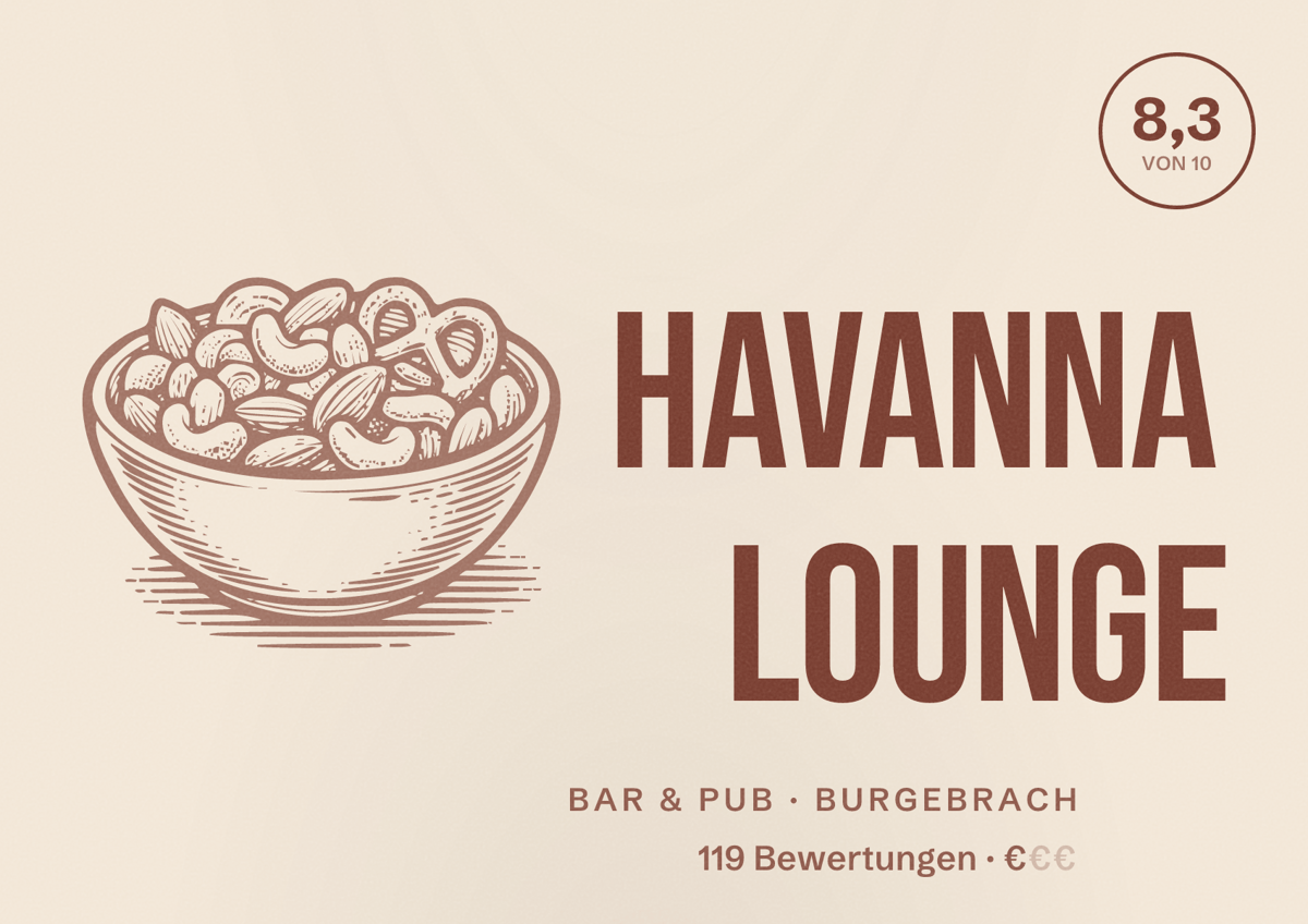 Illustriertes Poster von Havanna Lounge, Bar & Pub in Burgebrach: Bewertung 8,3 von 10 aus 119 Bewertungen, Preisniveau €